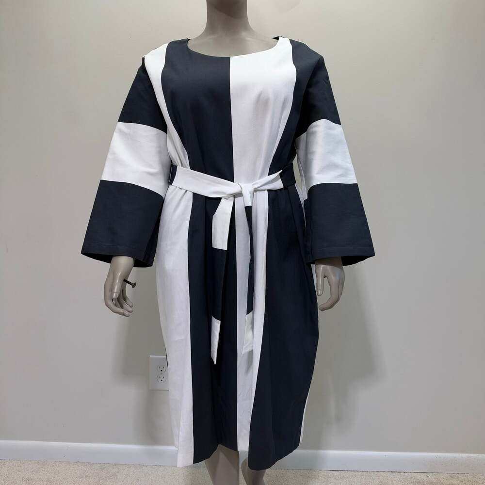 NWT Marina Rinaldi Black White Stripe Cotton blend Midi Dress US 20 Neutral